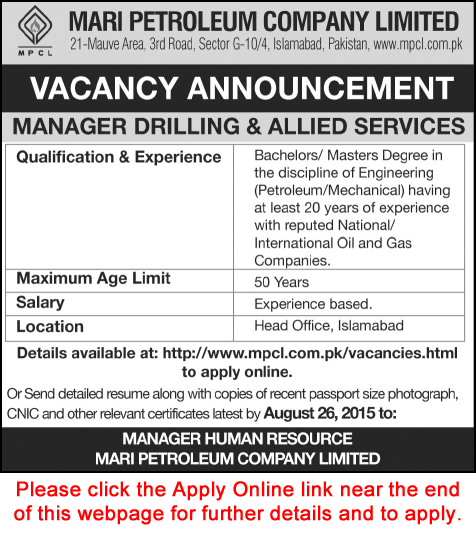 Drilling Manager Jobs in Mari Petroleum Company Limited Islamabad 2015 August MPCL Apply Online
