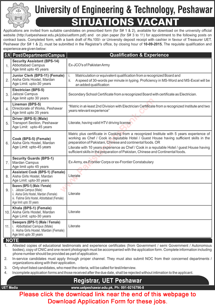 UET Peshawar Jobs August 2015 Application Form Download Clerks, Security Assistant, Drivers & Others