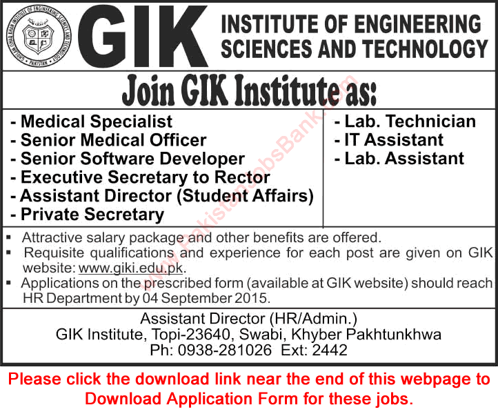 GIK Institute Swabi KPK Jobs 2015 August Application Form Download Medical & Administrative Staff