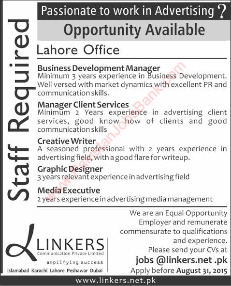 Linkers Communication Lahore Jobs 2015 August Managers, Creative Writer, Graphic Designer & Media Executive