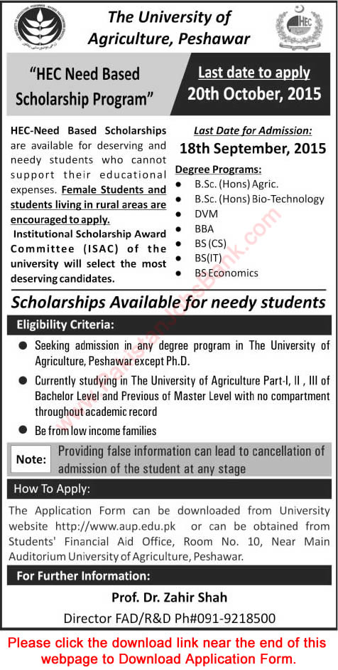 University of Agriculture Peshawar Need Based Scholarships 2015 August HEC Application Form Download