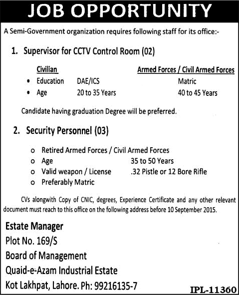 Quaid-e-Azam Industrial Estate Lahore Jobs 2015 August / September CCTV Supervisor & Security Guards