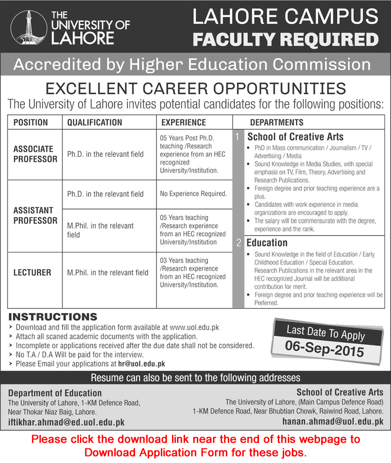 University of Lahore Jobs 2015 August / September Teaching Faculty Application Form Download