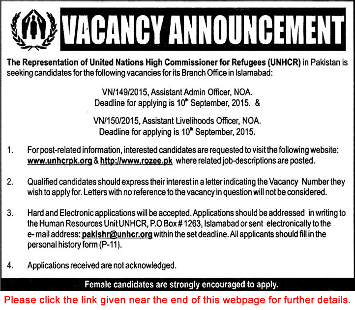 UNHCR Pakistan Jobs 2015 August / September Assistant Admin Officer & Livelihood Officer