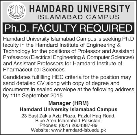 Hamdard University Islamabad Jobs 2015 August / September for Teaching Faculty