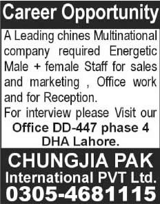 Sales / Marketing & Receptionist Jobs in Lahore 2015 September Chunjia Pak International Pvt Ltd
