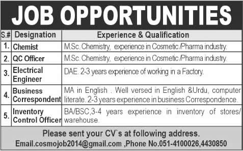 Jobs in Islamabad September 2015 Electrical Engineer, Chemist, Business Correspondent & Inventory Control Officer