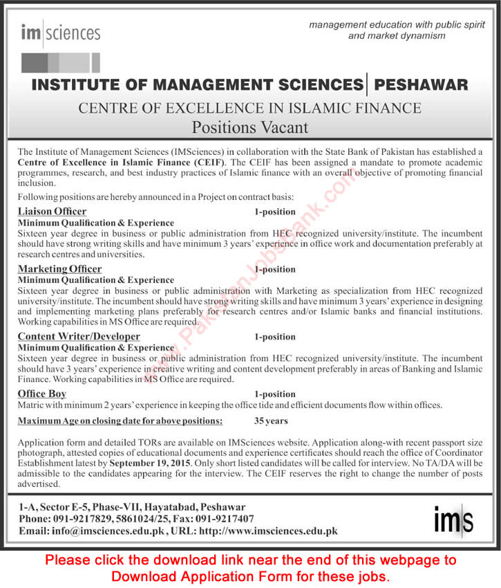 Institute of Management Sciences Peshawar Jobs 2015 September Application Form Download