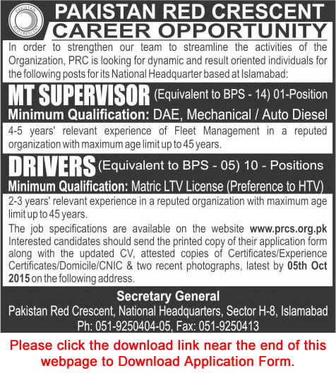 MT Supervisor & Driver Jobs in Pakistan Red Crescent Society Islamabad 2015 September Application Form