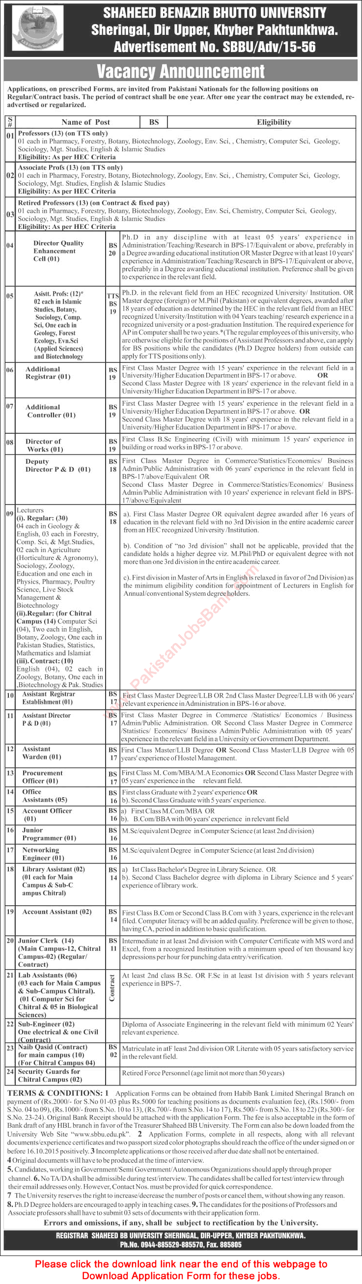 Shaheed Benazir Bhutto University KPK Jobs 2015 September Application Form Download Latest