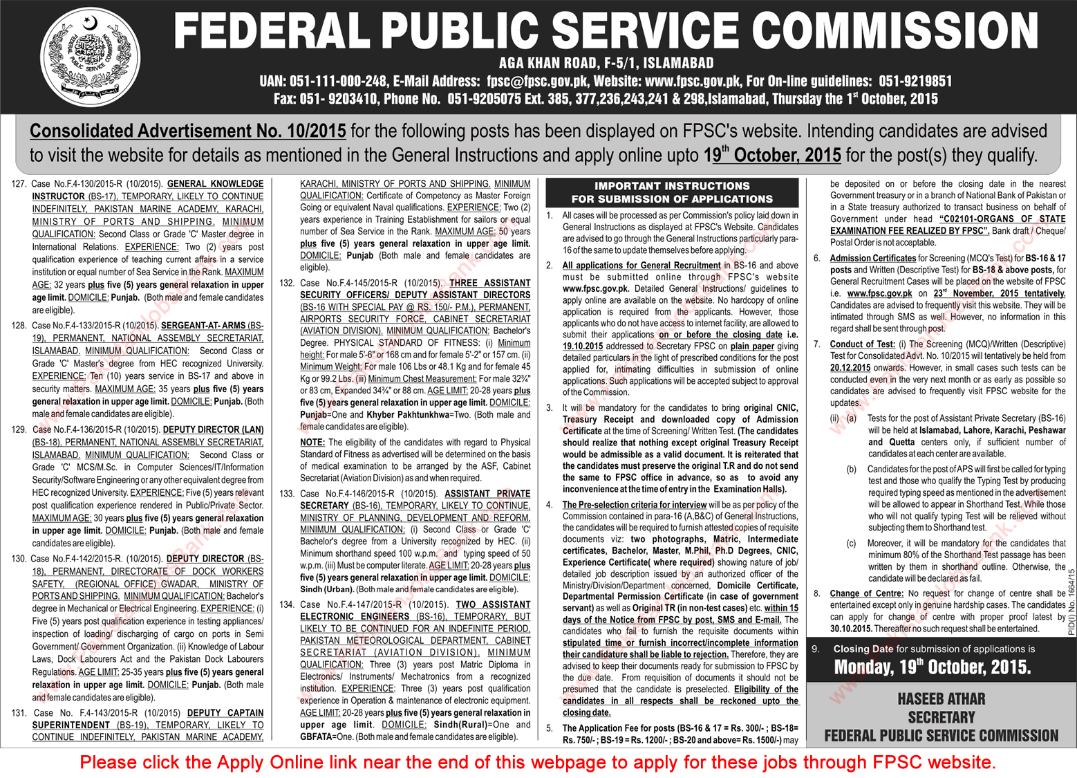 FPSC Jobs October 2015 Online Apply Consolidated Advertisement No 10/2015 Latest / New