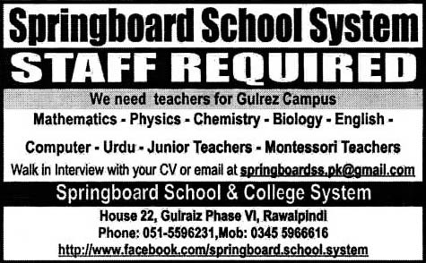 Springboard School System Rawalpindi Jobs 2015 October Walk in Interview Teaching Faculty