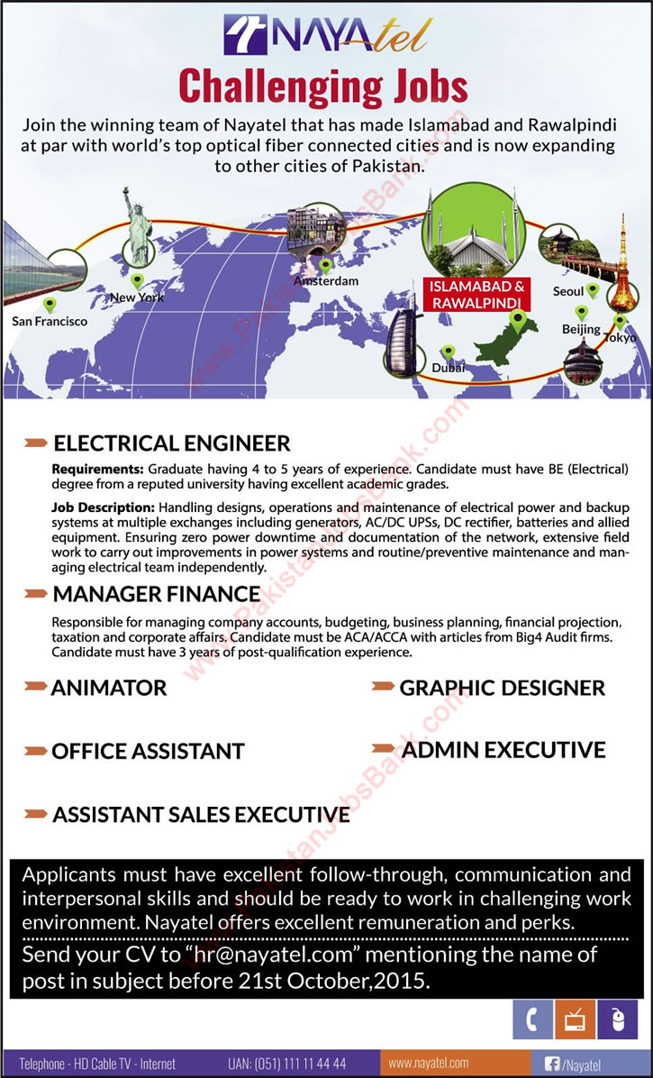 Nayatel Islamabad Jobs October 2015 Animator, Graphic Designer, Office Assistant, Admin Executive & Others