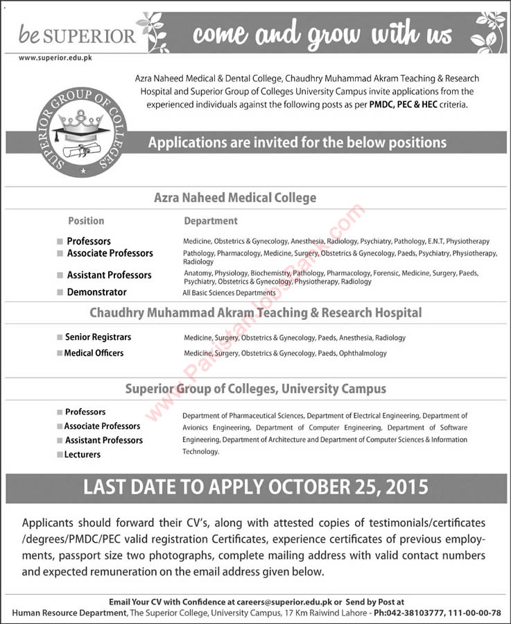 Superior Group of Colleges Lahore Jobs 2015 October Teaching Faculty & Medical Officers