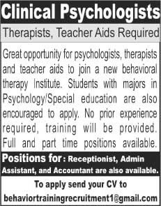 Jobs in Islamabad October 2015 Psychologists, Therapists, Teacher Aids, Receptionist, Assistants & Accountant