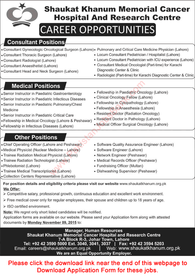 Shaukat Khanum Hospital Jobs November 2015 SKMCH&RC Application Form Medical Consultants & Others