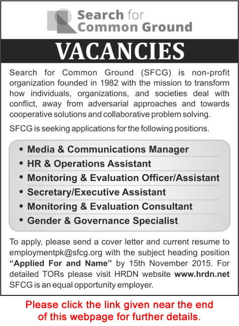 Search for Common Ground Pakistan Jobs 2015 November Communication Manager, Executive Assistant & Others