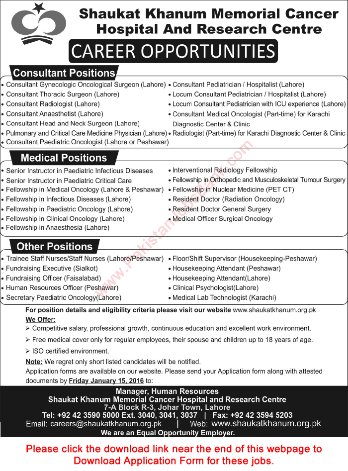 Shaukat Khanum Hospital Jobs 2016 Application Form Lahore / Peshawar SKMCH&RC Latest