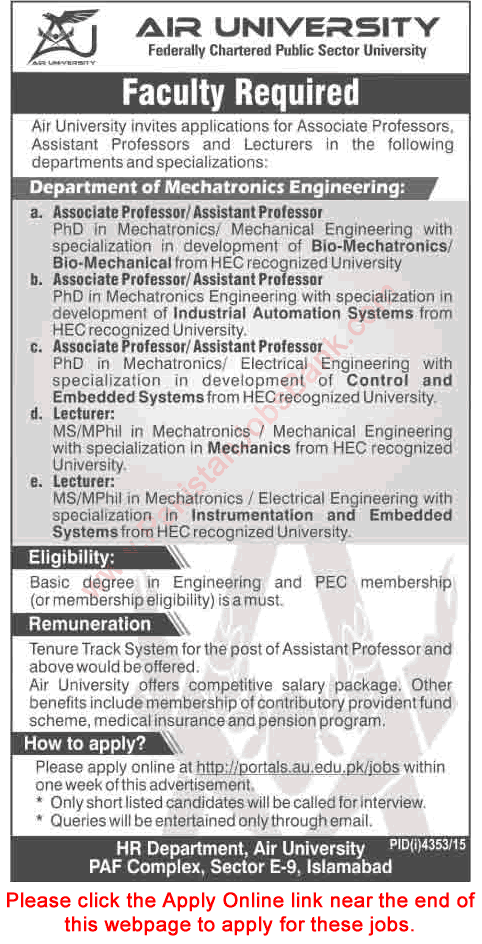 Air University Islamabad Jobs 2016 February Apply Online Teaching Faculty Latest
