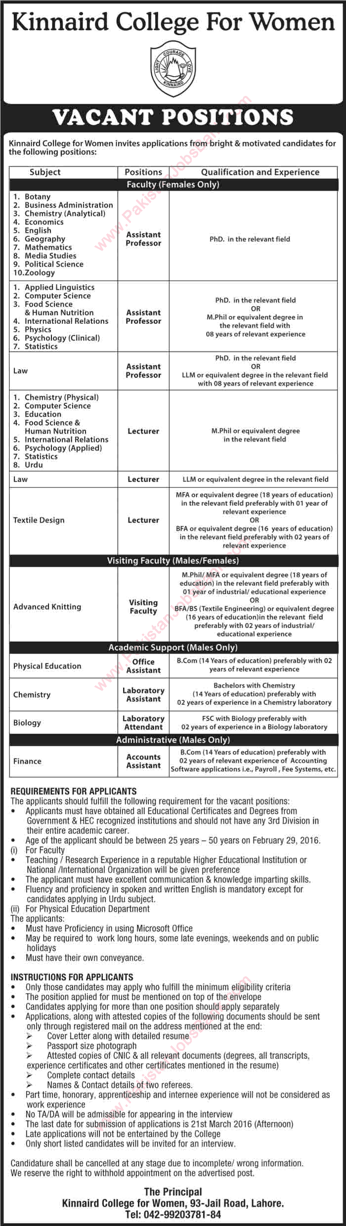 Kinnaird College Lahore Jobs 2016 February / March Teaching Faculty, Lab & Admin Staff Latest