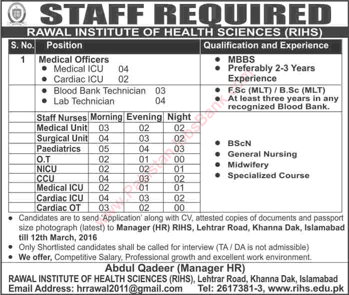 Rawal Institute of Health Sciences Islamabad Jobs 2016 March RIHS Medical Officers, Technicians & Staff Nurses Latest