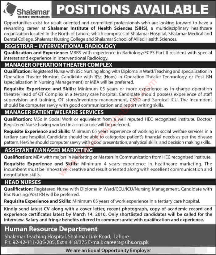 Shalamar Hospital Lahore Jobs 2016 March SIHS Managers, Head Nurses & Registrar Latest