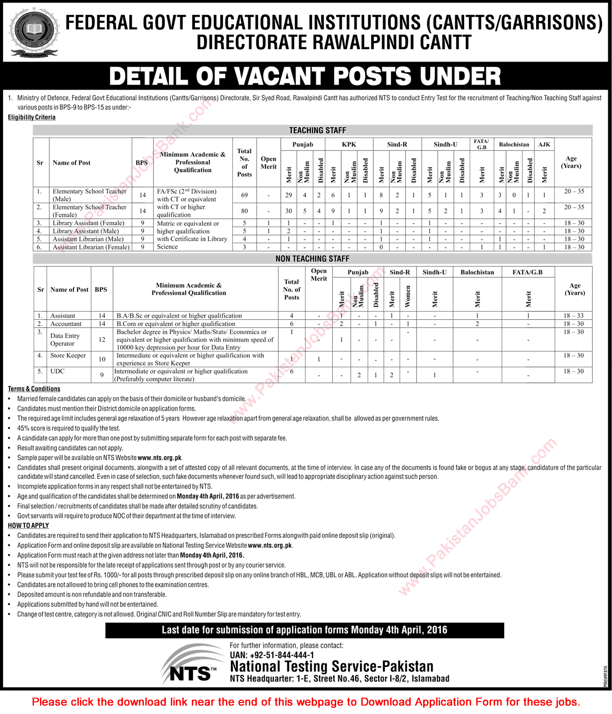 FGEI CG Jobs 2016 March Teachers Federal Government Educational Institutions Cantt Garrison NTS Application Form Latest