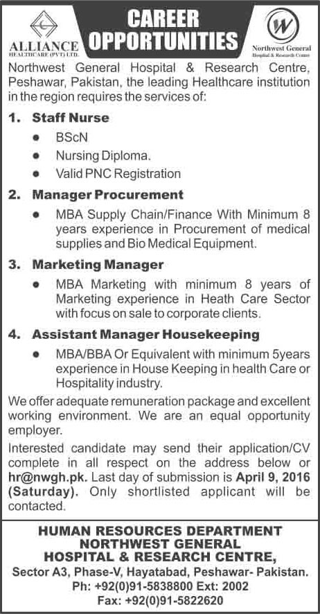 Northwest General Hospital Peshawar Jobs 2016 March / April Staff Nurses & Managers Latest