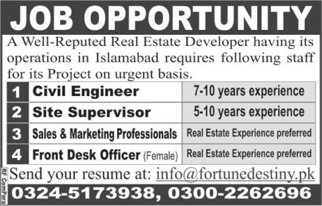 Civil Engineers, Front Desk Officer and Sales & Marketing Jobs in Islamabad April 2016 Latest