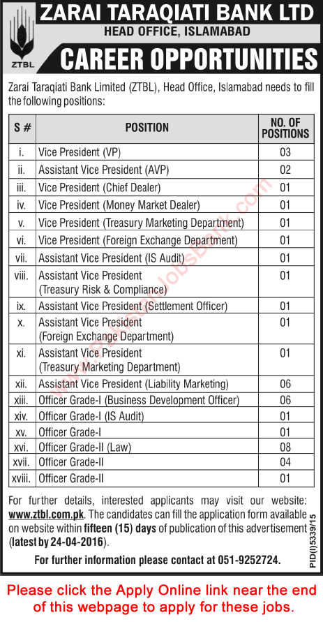 ZTBL Jobs April 2016 Apply Online Islamabad Officer Grade 1/2 & Vice Presidents Latest