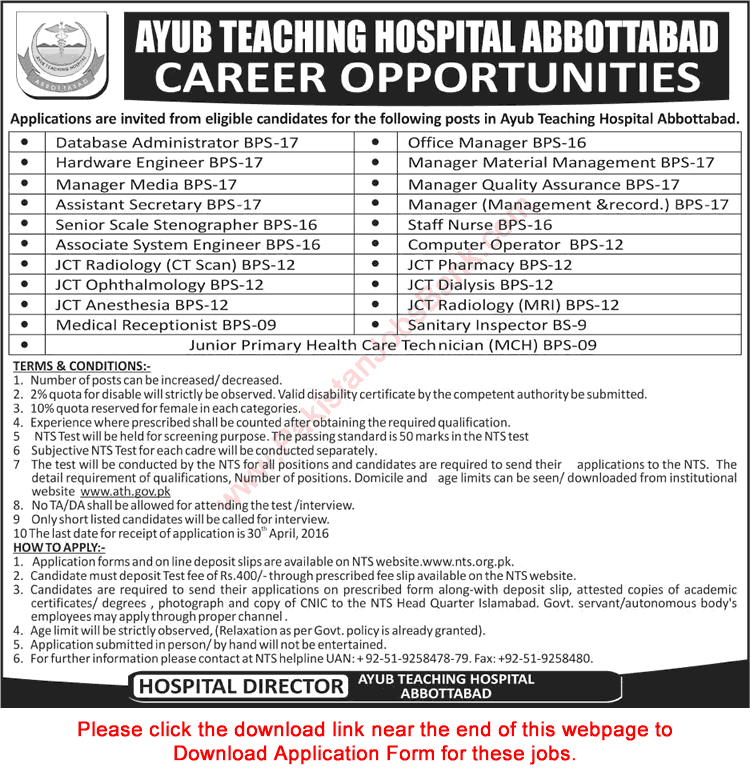Ayub Teaching Hospital Abbottabad Jobs 2016 April Staff Nurses, JCT & Others NTS Application Form Latest