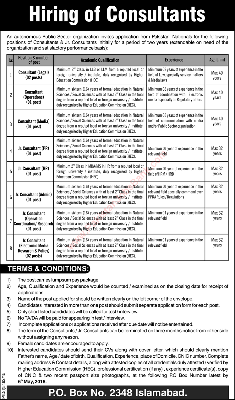 PO Box 2348 Islamabad Jobs April 2016 Consultants in Public Sector Organization Latest