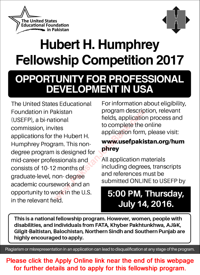 Hubert H. Humphrey Fellowship Program 2017 USEF Pakistan Apply Online Latest Advertisement