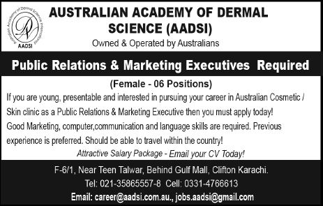 Public Relations & Marketing Executive Jobs in Karachi April 2016 at Australian Academy of Dermal Science (AADSI)