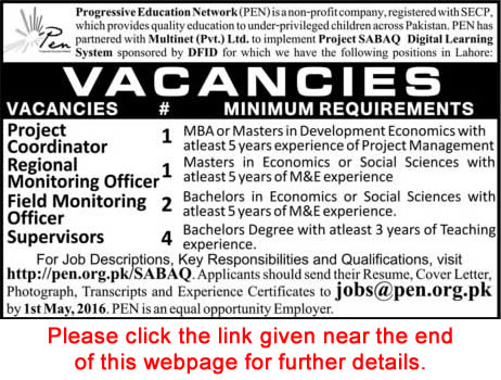 Progressive Education Network Lahore Jobs 2016 April PEN NGO Supervisors, Field Monitoring Officers & Others Latest