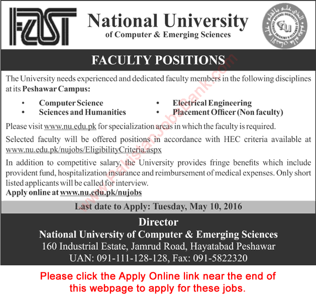 FAST University Peshawar Jobs 2016 May Teaching Faculty Apply Online NU / NUCES Latest