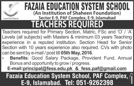Fazaia Education System School Islamabad Jobs May 2016 Teachers & Section Head Latest