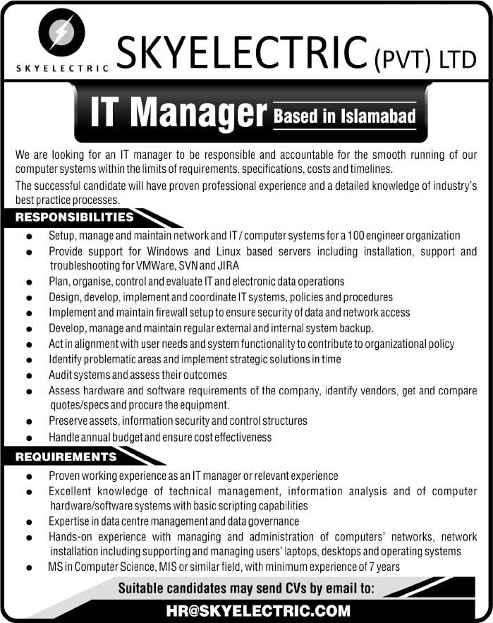 IT Manager Jobs in Islamabad 2016 May at Sky Electric Pvt Ltd Latest