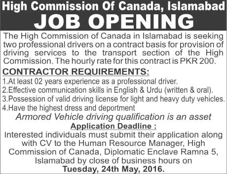 Embassy Driver Jobs in Islamabad May 2016 at High Commission of Canada Latest