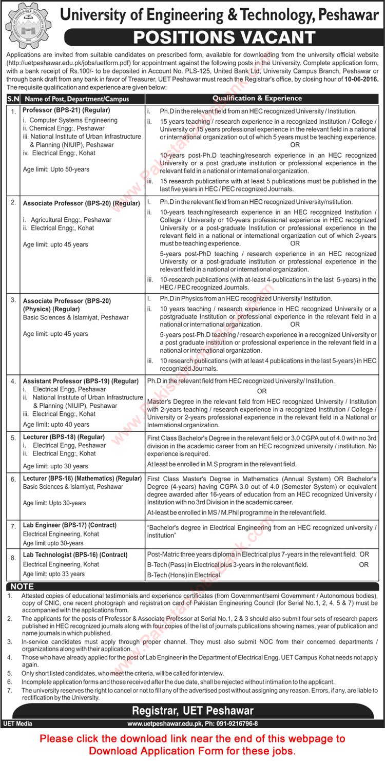UET Peshawar Jobs May 2016 Application Form Teaching Faculty, Lab Engineers & Technologists Latest