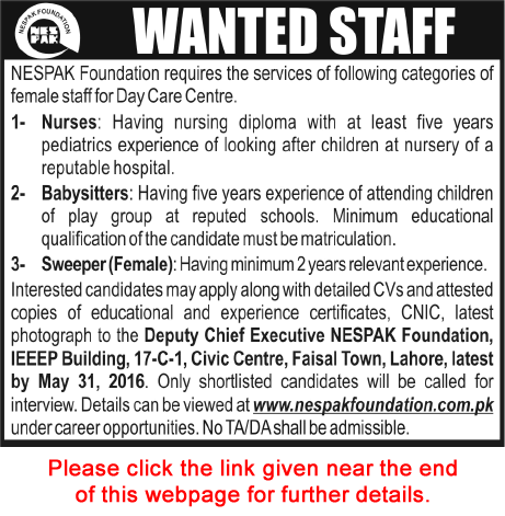 NESPAK Foundation Jobs May 2016 Lahore Nurses, Babysitters & Sweepers for Day Care Centre Latest