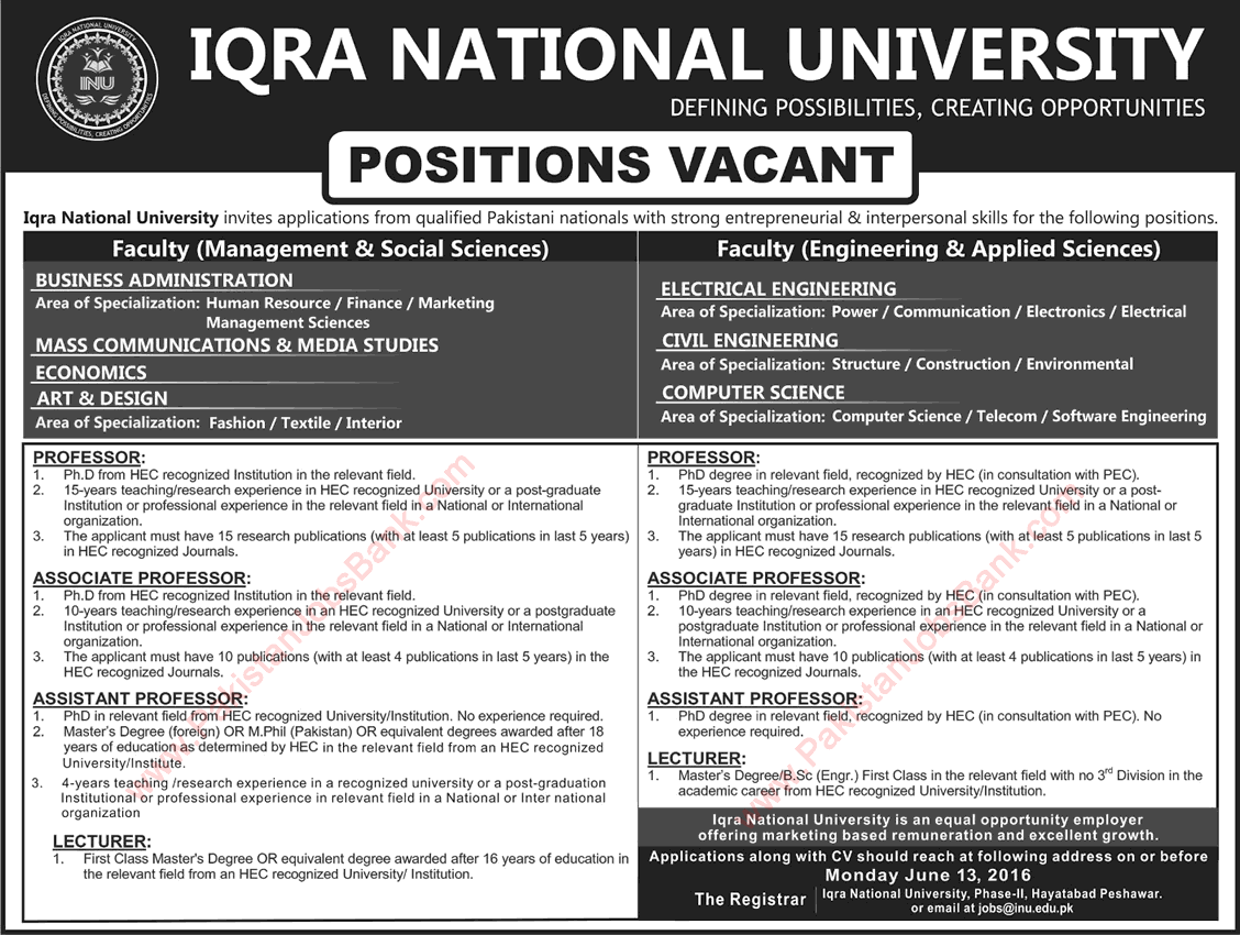 Iqra National University Peshawar Jobs May 2016 June Teaching Faculty Latest