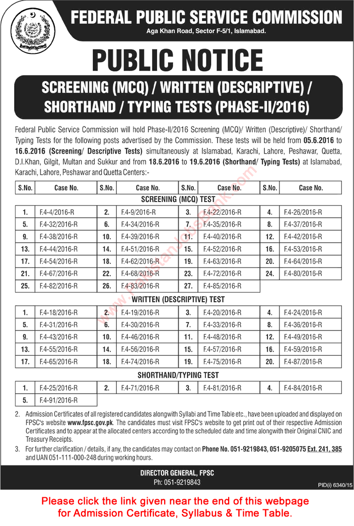 FPSC Written Test Schedule June 2016 Roll No Slips & Syllabus Download for Test Phase-II/2016 Latest