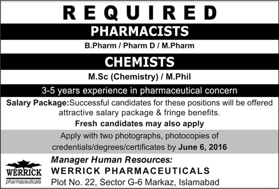 Pharmacist & Chemist Jobs in Islamabad May / June 2016 at Werrick Pharmaceuticals Latest