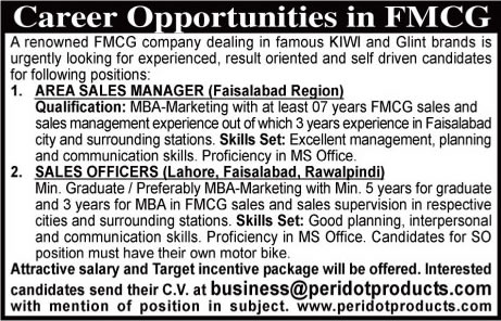 Peridot Products Pakistan Jobs May / June 2016 Sales Officers & Area Sales Managers Latest
