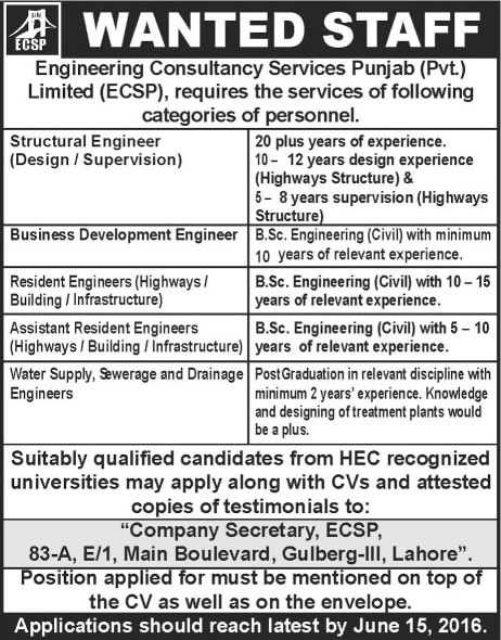 ECSP Jobs 2016 May / June Lahore Engineering Consultancy Services Punjab Latest