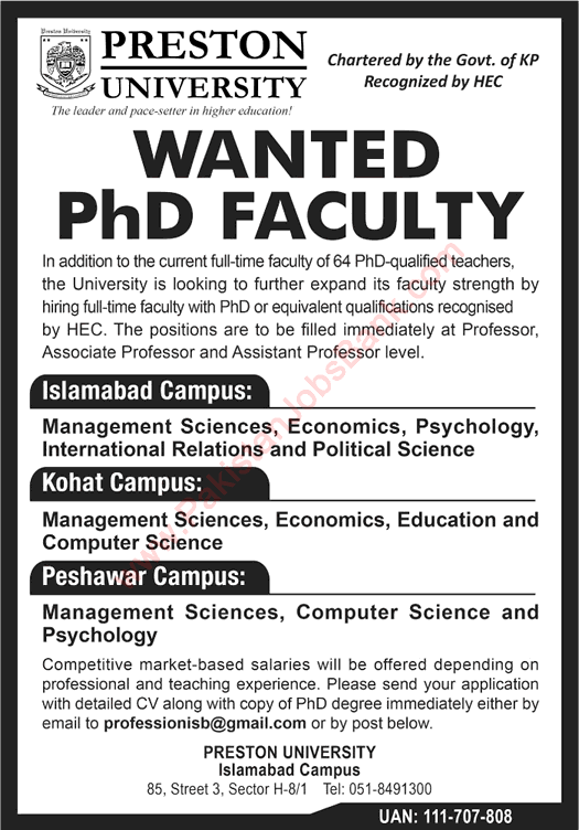 Preston University Jobs 2016 June Teaching Faculty at Islamabad, Kohat & Peshawar Campuses Latest