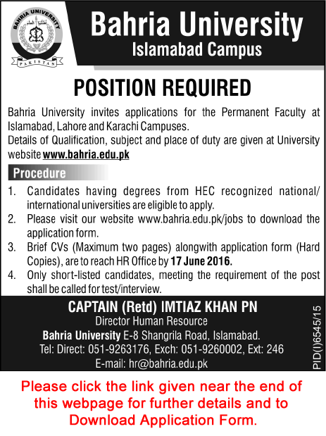 Bahria University Jobs 2016 June Teaching Faculty Application Form Download Latest