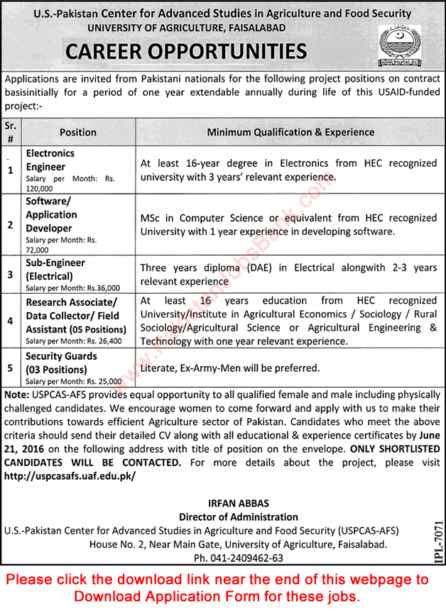 University of Agriculture Faisalabad Jobs 2016 June USPCAS-AFS Application Form Download Latest