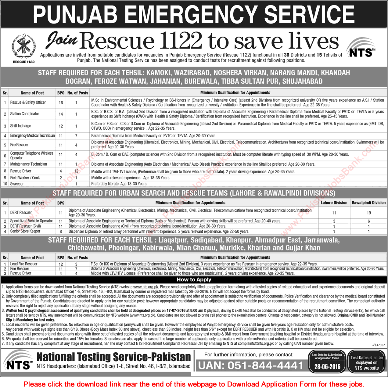 Punjab Emergency Service Rescue 1122 Jobs June 2016 NTS Application Form DERT / Fire Rescuers, Drivers & Others Latest